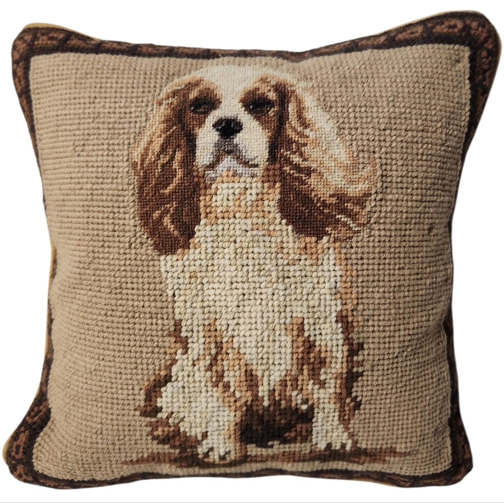 Cavalier King Charles Spaniel Vintage Wool Needlepoint Handmade Pillow 10x10